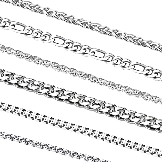 6 Pcs Silver Chains, Stainless Steel Cuban Link/Rope/Box/Figaro/Square Rolo/Wheat Chain Necklace Jewelry Set for Men Women XL-029