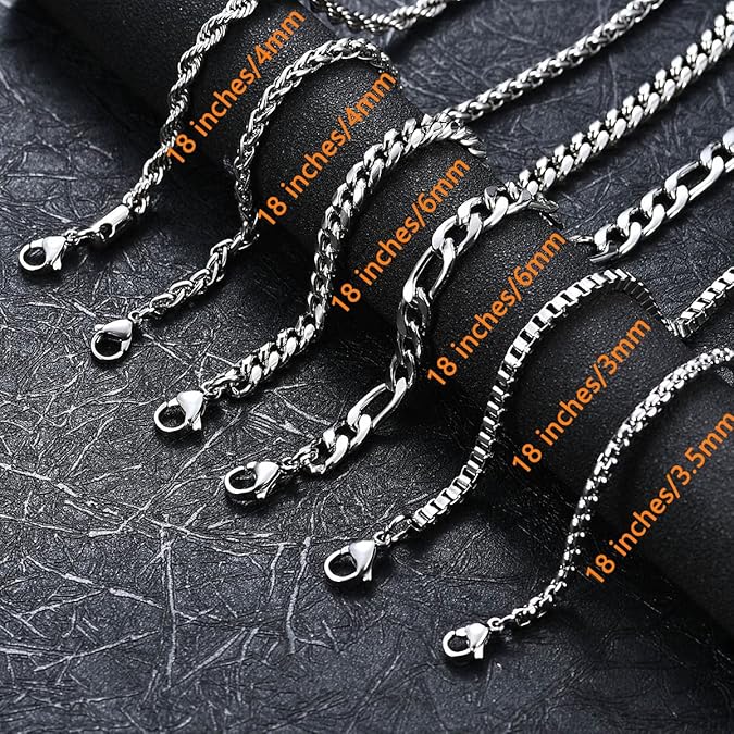 6 Pcs Silver Chains, Stainless Steel Cuban Link/Rope/Box/Figaro/Square Rolo/Wheat Chain Necklace Jewelry Set for Men Women XL-029