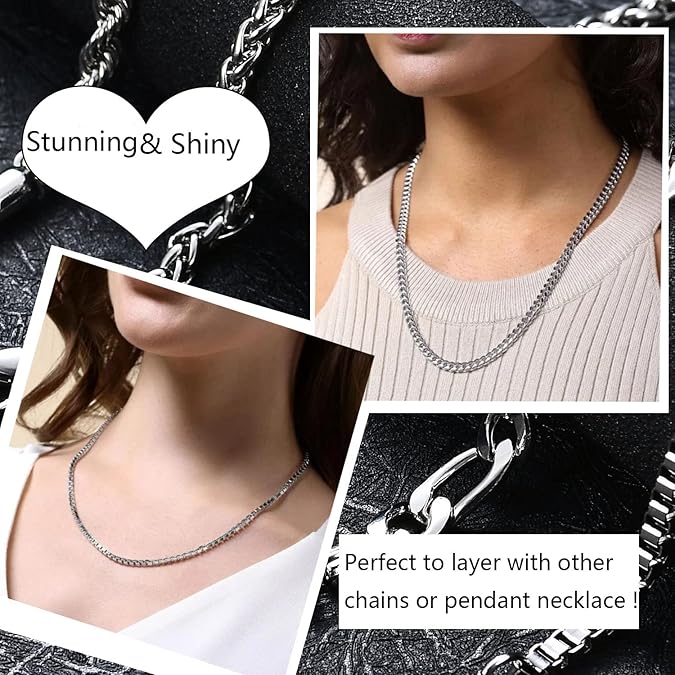 6 Pcs Silver Chains, Stainless Steel Cuban Link/Rope/Box/Figaro/Square Rolo/Wheat Chain Necklace Jewelry Set for Men Women XL-029