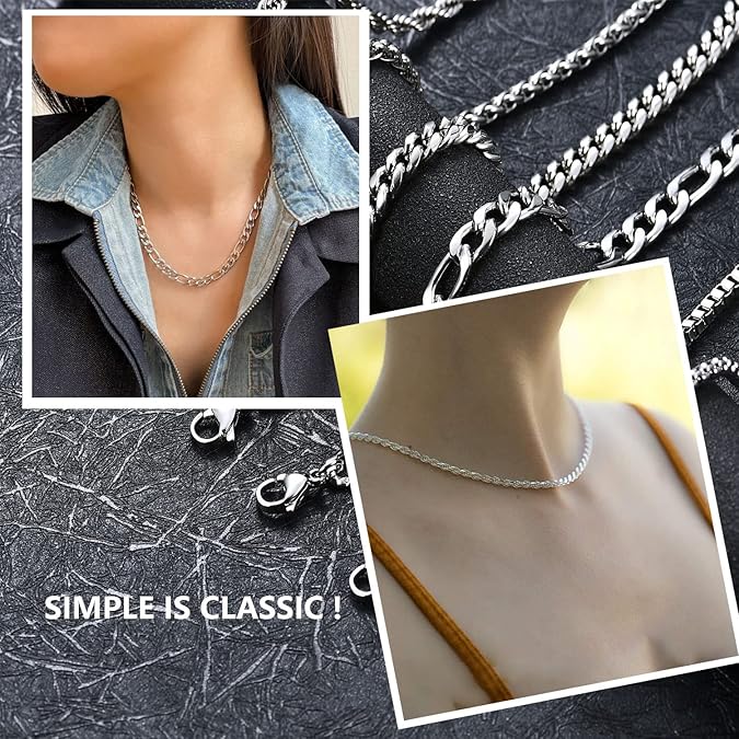 6 Pcs Silver Chains, Stainless Steel Cuban Link/Rope/Box/Figaro/Square Rolo/Wheat Chain Necklace Jewelry Set for Men Women XL-029