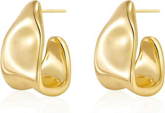 Chunky Gold Stud Earrings for Women 14k Gold Plated Hypoallergenic Earrings Statement Trendy Fashion Gold Jewelry Gifts EH-007