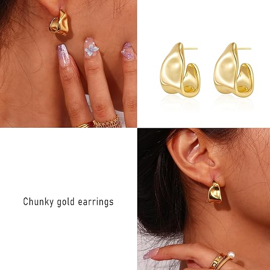 Chunky Gold Stud Earrings for Women 14k Gold Plated Hypoallergenic Earrings Statement Trendy Fashion Gold Jewelry Gifts EH-007