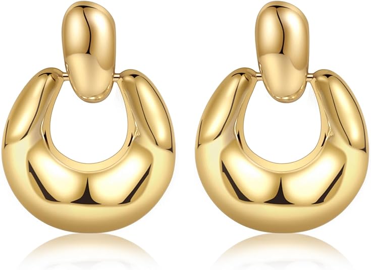 Chunky Gold Stud Earrings for Women 14k Gold Plated Hypoallergenic Earrings Statement Trendy Fashion Gold Jewelry Gifts EH-007