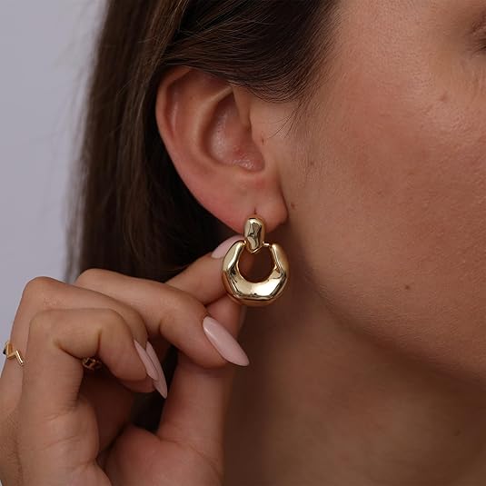 Chunky Gold Stud Earrings for Women 14k Gold Plated Hypoallergenic Earrings Statement Trendy Fashion Gold Jewelry Gifts EH-007