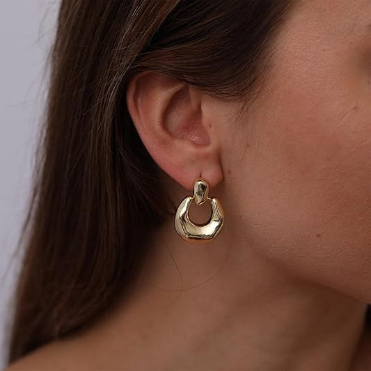 Chunky Gold Stud Earrings for Women 14k Gold Plated Hypoallergenic Earrings Statement Trendy Fashion Gold Jewelry Gifts EH-007