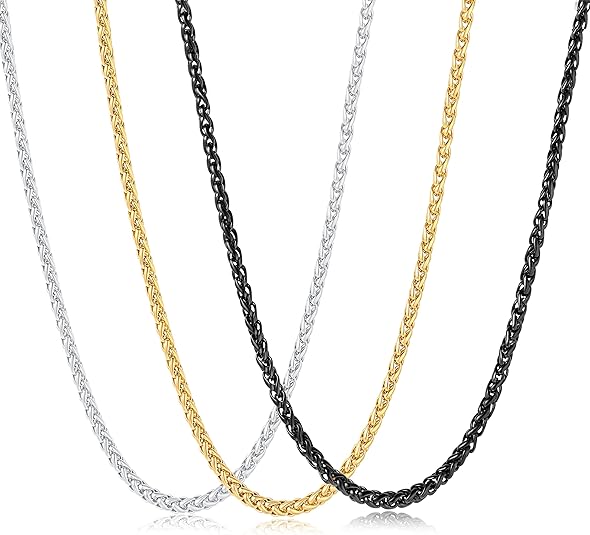 3 Pcs Chain Necklace for Men, 4mm Stainless Steel Gold Black and Silver Wheat Chains for Mens Jewelry Gift, 16"/20"/24"/28"/32 Inches XL-028