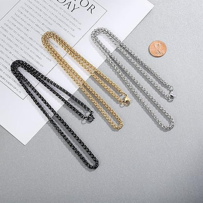 3 Pcs Chain Necklace for Men, 4mm Stainless Steel Gold Black and Silver Wheat Chains for Mens Jewelry Gift, 16"/20"/24"/28"/32 Inches XL-028