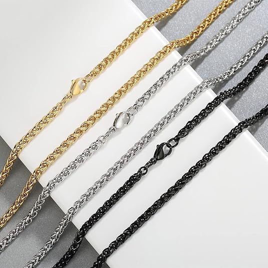 3 Pcs Chain Necklace for Men, 4mm Stainless Steel Gold Black and Silver Wheat Chains for Mens Jewelry Gift, 16"/20"/24"/28"/32 Inches XL-028