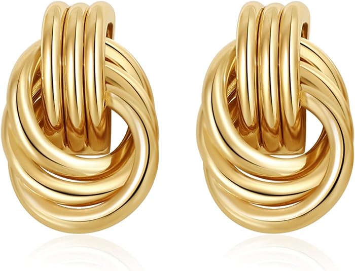 Trendy Gold Plated Knot Earrings for Women Chunky Statement Drop Dangle Earrings Lightweight Hypoallergenic Fashion Accessories Gold Jewelry Gifts for Womens EH-009