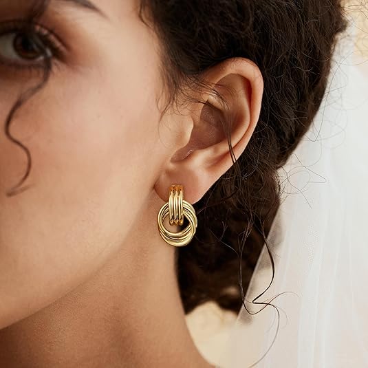 Trendy Gold Plated Knot Earrings for Women Chunky Statement Drop Dangle Earrings Lightweight Hypoallergenic Fashion Accessories Gold Jewelry Gifts for Womens EH-009