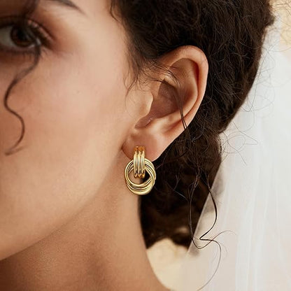 Trendy Gold Plated Knot Earrings for Women Chunky Statement Drop Dangle Earrings Lightweight Hypoallergenic Fashion Accessories Gold Jewelry Gifts for Womens EH-009