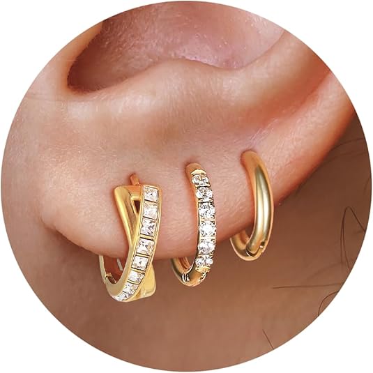 Surgical Steel Huggie Hoop Earrings for Women Set,14K Gold Plated Small Hypoallergenic Lightweight CZ Huggie Earrings, Waterproof Non Tarnish, for Multiple Piercing EH-010