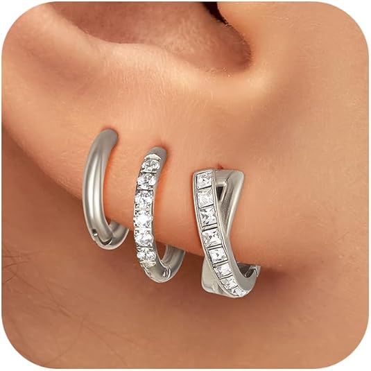 Surgical Steel Huggie Hoop Earrings for Women Set,14K Gold Plated Small Hypoallergenic Lightweight CZ Huggie Earrings, Waterproof Non Tarnish, for Multiple Piercing EH-010