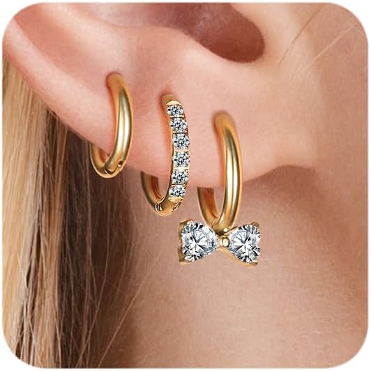 Surgical Steel Huggie Hoop Earrings for Women Set,14K Gold Plated Small Hypoallergenic Lightweight CZ Huggie Earrings, Waterproof Non Tarnish, for Multiple Piercing EH-010