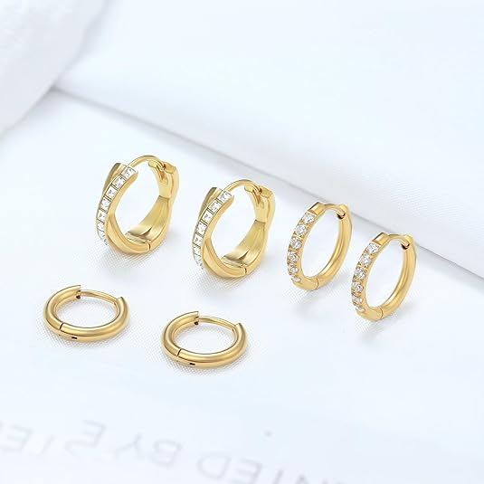 Surgical Steel Huggie Hoop Earrings for Women Set,14K Gold Plated Small Hypoallergenic Lightweight CZ Huggie Earrings, Waterproof Non Tarnish, for Multiple Piercing EH-010