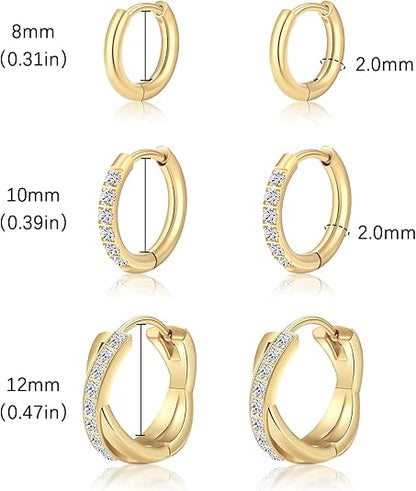 Surgical Steel Huggie Hoop Earrings for Women Set,14K Gold Plated Small Hypoallergenic Lightweight CZ Huggie Earrings, Waterproof Non Tarnish, for Multiple Piercing EH-010