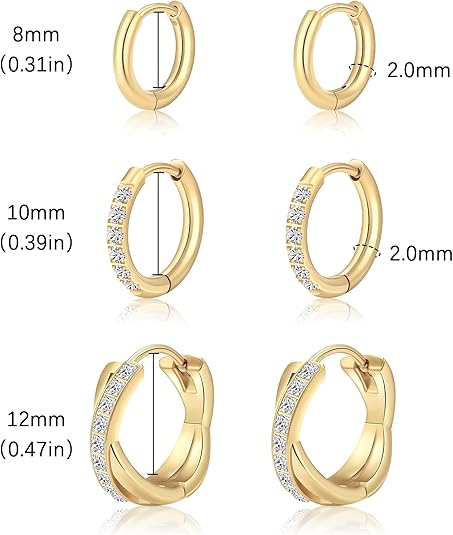 Surgical Steel Huggie Hoop Earrings for Women Set,14K Gold Plated Small Hypoallergenic Lightweight CZ Huggie Earrings, Waterproof Non Tarnish, for Multiple Piercing EH-010