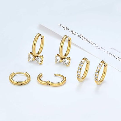 Surgical Steel Huggie Hoop Earrings for Women Set,14K Gold Plated Small Hypoallergenic Lightweight CZ Huggie Earrings, Waterproof Non Tarnish, for Multiple Piercing EH-010