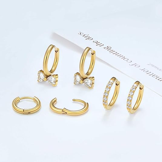 Surgical Steel Huggie Hoop Earrings for Women Set,14K Gold Plated Small Hypoallergenic Lightweight CZ Huggie Earrings, Waterproof Non Tarnish, for Multiple Piercing EH-010
