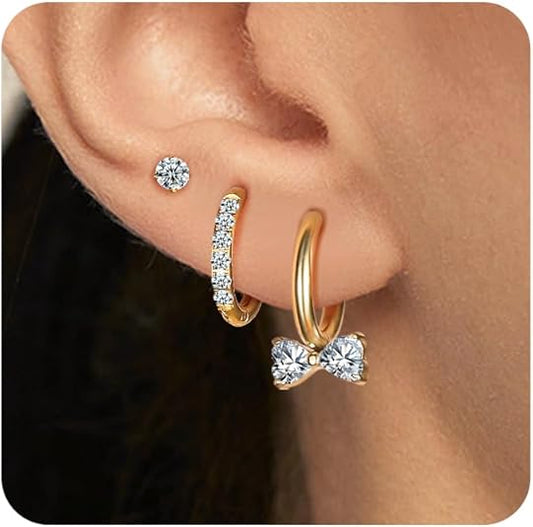 Surgical Steel Huggie Hoop Earrings for Women Set,14K Gold Plated Small Hypoallergenic Lightweight CZ Huggie Earrings, Waterproof Non Tarnish, for Multiple Piercing EH-010
