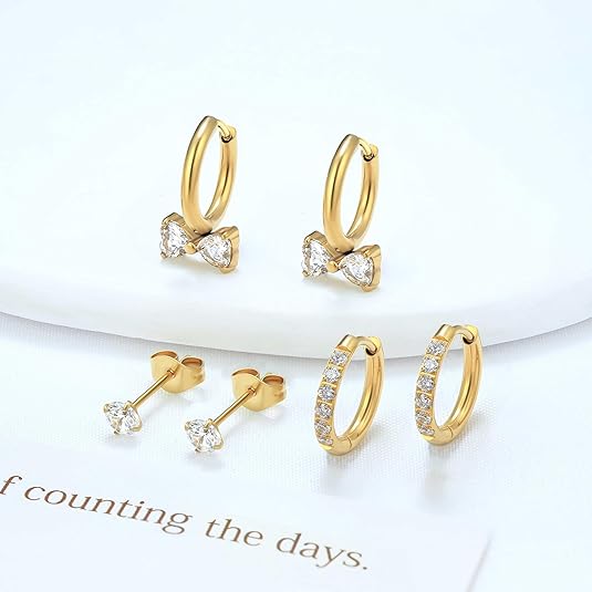 Surgical Steel Huggie Hoop Earrings for Women Set,14K Gold Plated Small Hypoallergenic Lightweight CZ Huggie Earrings, Waterproof Non Tarnish, for Multiple Piercing EH-010