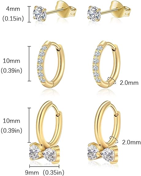 Surgical Steel Huggie Hoop Earrings for Women Set,14K Gold Plated Small Hypoallergenic Lightweight CZ Huggie Earrings, Waterproof Non Tarnish, for Multiple Piercing EH-010
