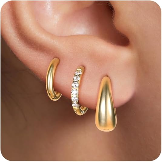 Surgical Steel Huggie Hoop Earrings for Women Set,14K Gold Plated Small Hypoallergenic Lightweight CZ Huggie Earrings, Waterproof Non Tarnish, for Multiple Piercing EH-010