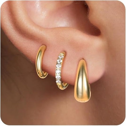 Surgical Steel Huggie Hoop Earrings for Women Set,14K Gold Plated Small Hypoallergenic Lightweight CZ Huggie Earrings, Waterproof Non Tarnish, for Multiple Piercing EH-010