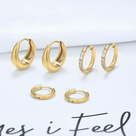 Surgical Steel Huggie Hoop Earrings for Women Set,14K Gold Plated Small Hypoallergenic Lightweight CZ Huggie Earrings, Waterproof Non Tarnish, for Multiple Piercing EH-010