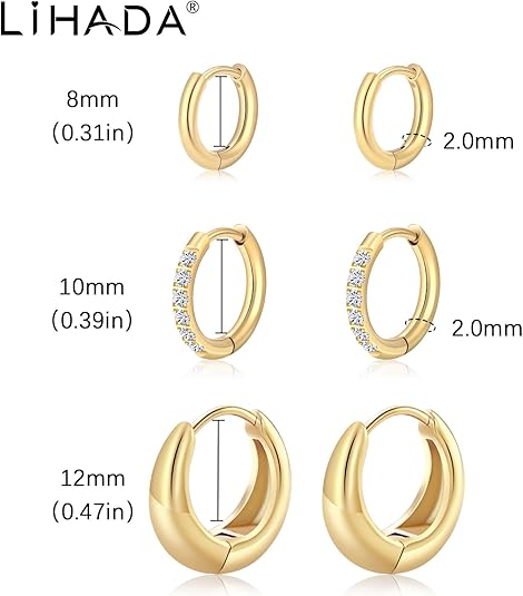 Surgical Steel Huggie Hoop Earrings for Women Set,14K Gold Plated Small Hypoallergenic Lightweight CZ Huggie Earrings, Waterproof Non Tarnish, for Multiple Piercing EH-010