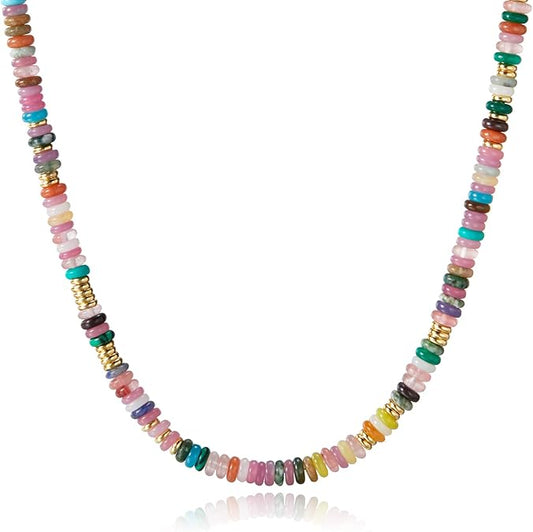 Boho Beaded Choker Necklace for Women, Gemstone Choker Natural Stone Freshwater Pearl Surfer Necklaces 14K Gold Plated Summer Beach Handmade Jewelry XL-030
