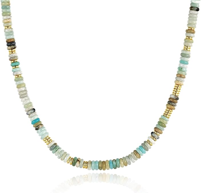 Boho Beaded Choker Necklace for Women, Gemstone Choker Natural Stone Freshwater Pearl Surfer Necklaces 14K Gold Plated Summer Beach Handmade Jewelry XL-030