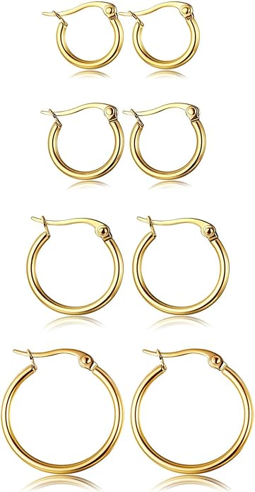 4 Pairs Stainless Steel Hoop Earrings Set Cute Huggie Earrings for Women,10MM-20MM EH-011