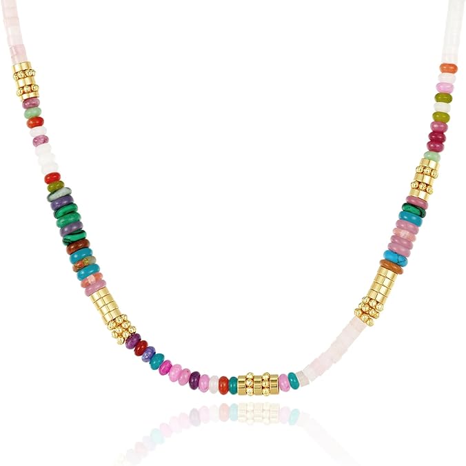 Boho Beaded Choker Necklace for Women, Gemstone Choker Natural Stone Freshwater Pearl Surfer Necklaces 14K Gold Plated Summer Beach Handmade Jewelry XL-030