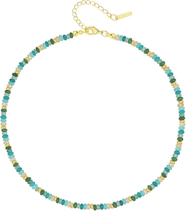 Boho Beaded Choker Necklace for Women, Gemstone Choker Natural Stone Freshwater Pearl Surfer Necklaces 14K Gold Plated Summer Beach Handmade Jewelry XL-030