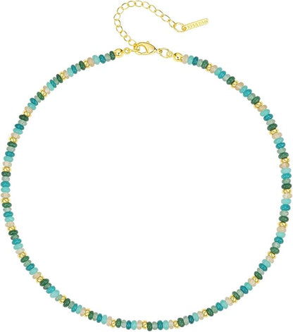 Boho Beaded Choker Necklace for Women, Gemstone Choker Natural Stone Freshwater Pearl Surfer Necklaces 14K Gold Plated Summer Beach Handmade Jewelry XL-030