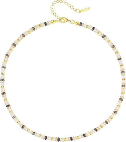 Boho Beaded Choker Necklace for Women, Gemstone Choker Natural Stone Freshwater Pearl Surfer Necklaces 14K Gold Plated Summer Beach Handmade Jewelry XL-030