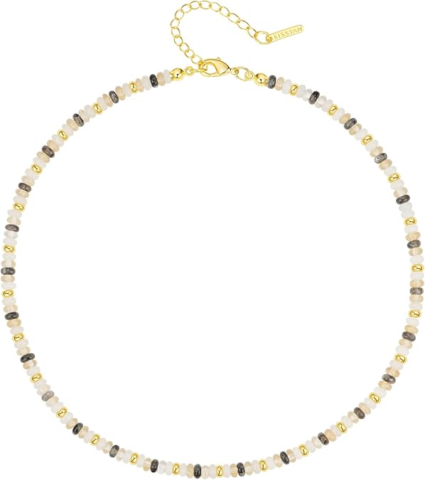 Boho Beaded Choker Necklace for Women, Gemstone Choker Natural Stone Freshwater Pearl Surfer Necklaces 14K Gold Plated Summer Beach Handmade Jewelry XL-030