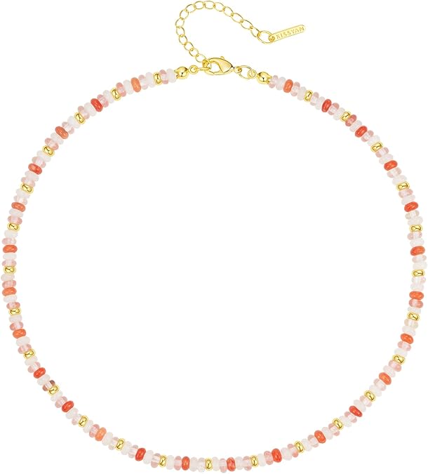 Boho Beaded Choker Necklace for Women, Gemstone Choker Natural Stone Freshwater Pearl Surfer Necklaces 14K Gold Plated Summer Beach Handmade Jewelry XL-030