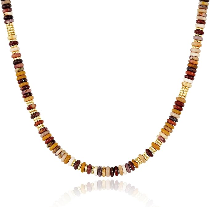 Boho Beaded Choker Necklace for Women, Gemstone Choker Natural Stone Freshwater Pearl Surfer Necklaces 14K Gold Plated Summer Beach Handmade Jewelry XL-030