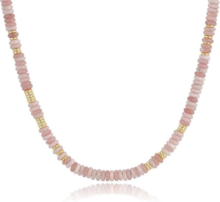 Boho Beaded Choker Necklace for Women, Gemstone Choker Natural Stone Freshwater Pearl Surfer Necklaces 14K Gold Plated Summer Beach Handmade Jewelry XL-030