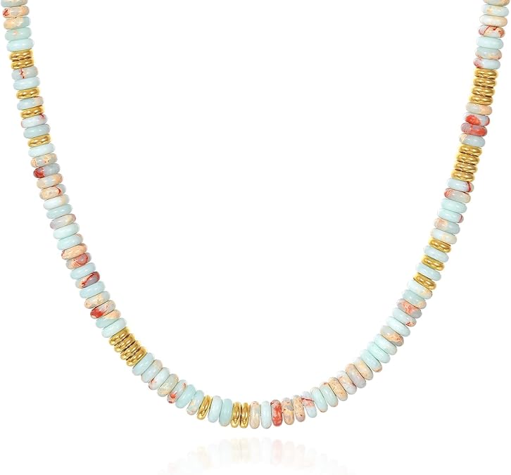 Boho Beaded Choker Necklace for Women, Gemstone Choker Natural Stone Freshwater Pearl Surfer Necklaces 14K Gold Plated Summer Beach Handmade Jewelry XL-030