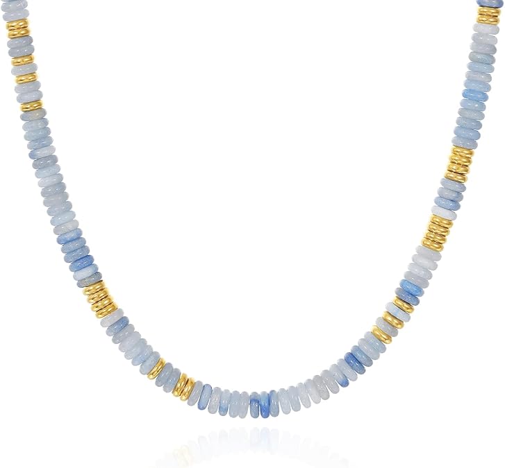 Boho Beaded Choker Necklace for Women, Gemstone Choker Natural Stone Freshwater Pearl Surfer Necklaces 14K Gold Plated Summer Beach Handmade Jewelry XL-030