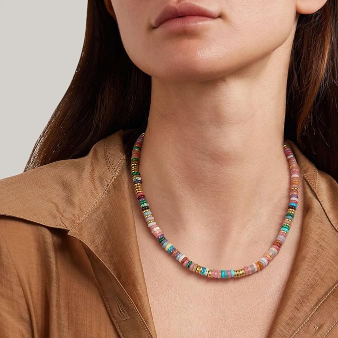 Boho Beaded Choker Necklace for Women, Gemstone Choker Natural Stone Freshwater Pearl Surfer Necklaces 14K Gold Plated Summer Beach Handmade Jewelry XL-030