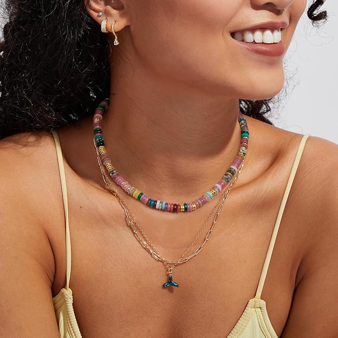 Boho Beaded Choker Necklace for Women, Gemstone Choker Natural Stone Freshwater Pearl Surfer Necklaces 14K Gold Plated Summer Beach Handmade Jewelry XL-030