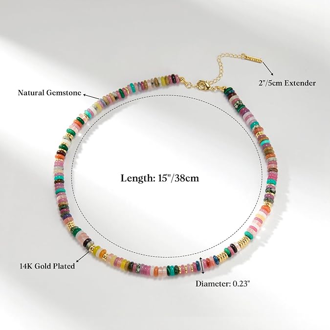 Boho Beaded Choker Necklace for Women, Gemstone Choker Natural Stone Freshwater Pearl Surfer Necklaces 14K Gold Plated Summer Beach Handmade Jewelry XL-030