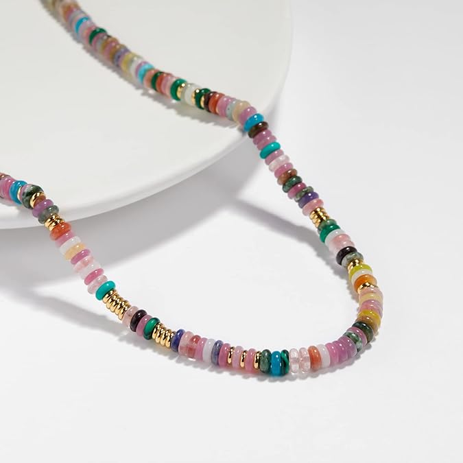 Boho Beaded Choker Necklace for Women, Gemstone Choker Natural Stone Freshwater Pearl Surfer Necklaces 14K Gold Plated Summer Beach Handmade Jewelry XL-030