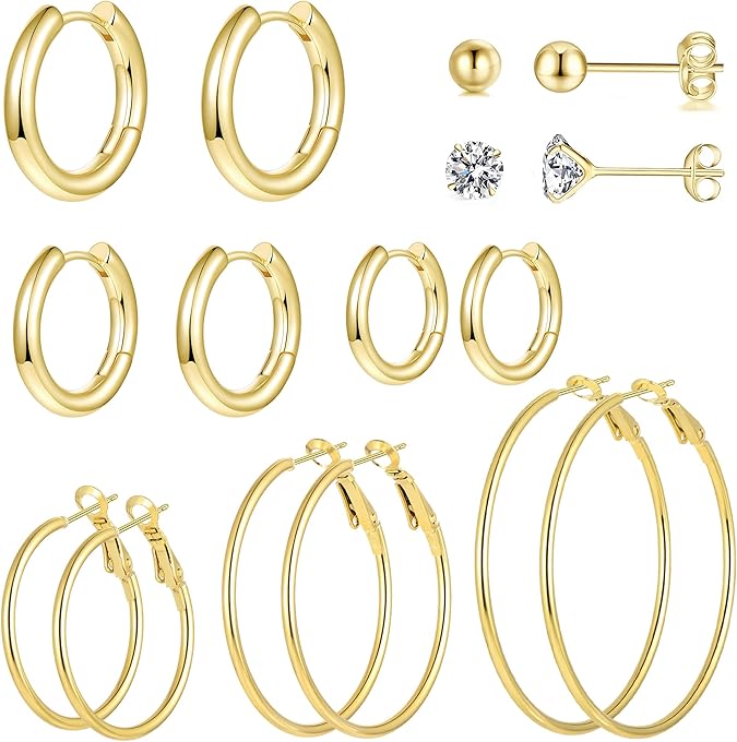 Gold Silver Plated Hoop Earrings for Women, Hypoallergenic Stainless Steel Gold Hoops Silver Hoop Earrings Set, Lightweight Large Small Hoops Women Earrings Loop Earrings Set EH-012