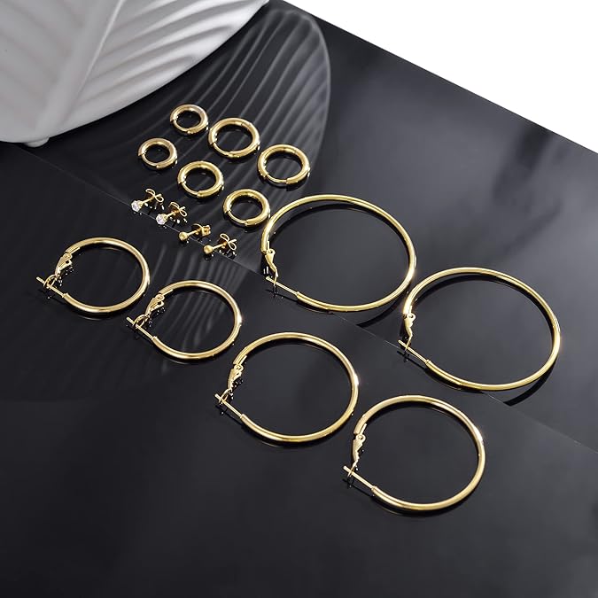 Gold Silver Plated Hoop Earrings for Women, Hypoallergenic Stainless Steel Gold Hoops Silver Hoop Earrings Set, Lightweight Large Small Hoops Women Earrings Loop Earrings Set EH-012