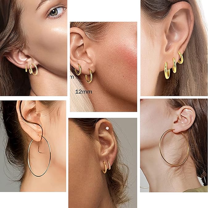 Gold Silver Plated Hoop Earrings for Women, Hypoallergenic Stainless Steel Gold Hoops Silver Hoop Earrings Set, Lightweight Large Small Hoops Women Earrings Loop Earrings Set EH-012